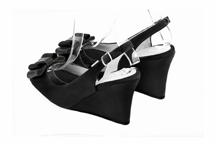 Matt black women's slingback sandals. Round toe. High wedge heels. Rear view - Florence KOOIJMAN